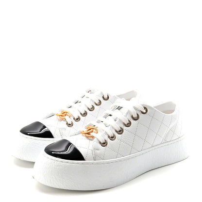 Chanel Crumpled Lambskin Patent Cap Toe CC Stitched Sneakers 37.5 White Black 4 of 10