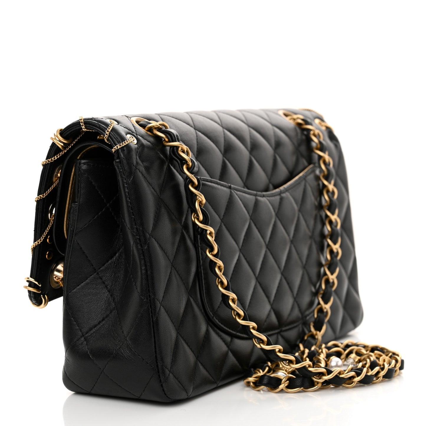 Lambskin Quilted Grommet Embellished Piercing Chic Medium Double Flap Black