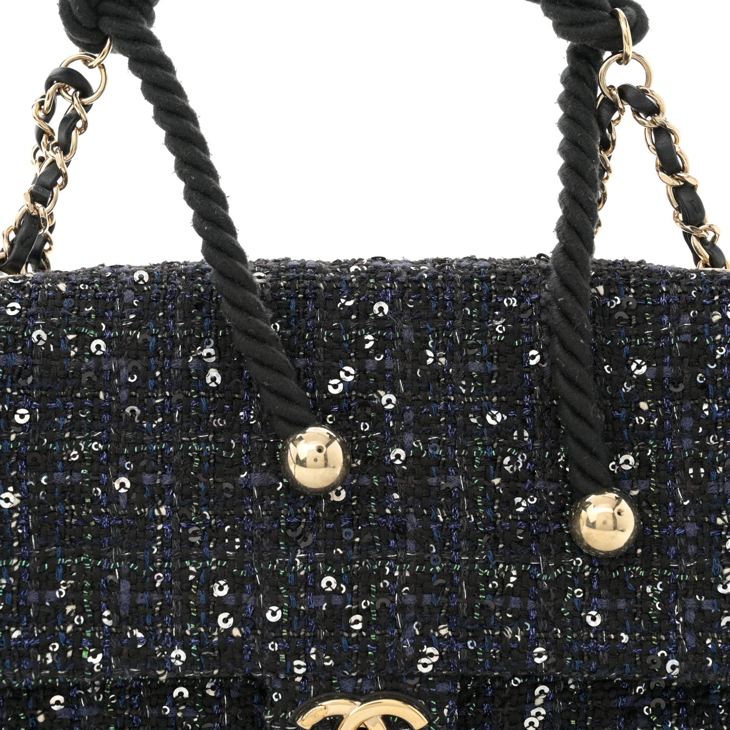 Tweed Medium Pearl Handle Flap Black Ecru