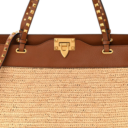 Valentino Garavani Raffia Calfskin Rockstud Tote Naturale Saddle Brown 7 of 9