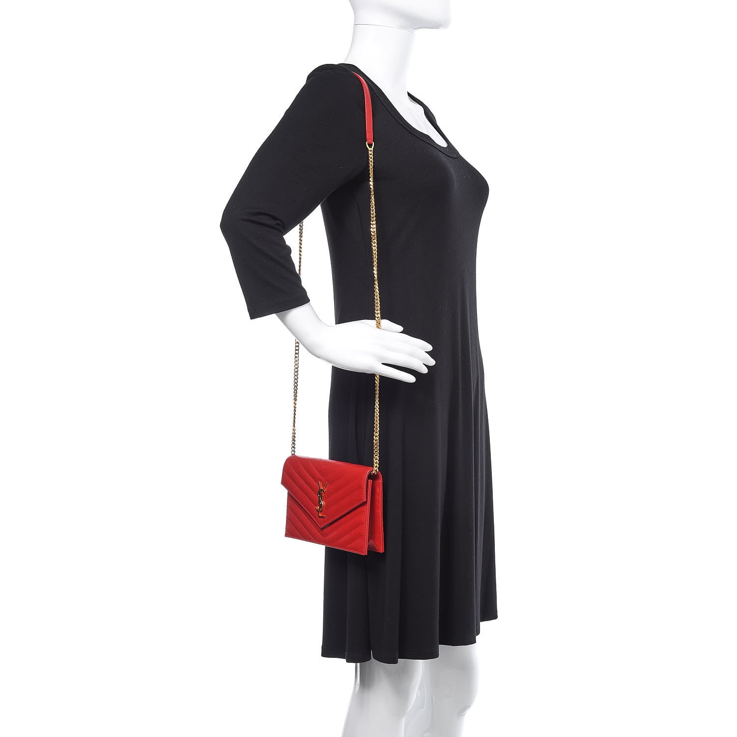 Saint Laurent Grain De Poudre Matelasse Chevron Monogram Envelope Chain Wallet New Red 2 of 12