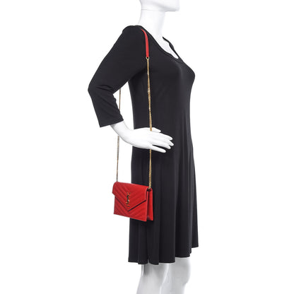 Saint Laurent Grain De Poudre Matelasse Chevron Monogram Envelope Chain Wallet New Red 2 of 12