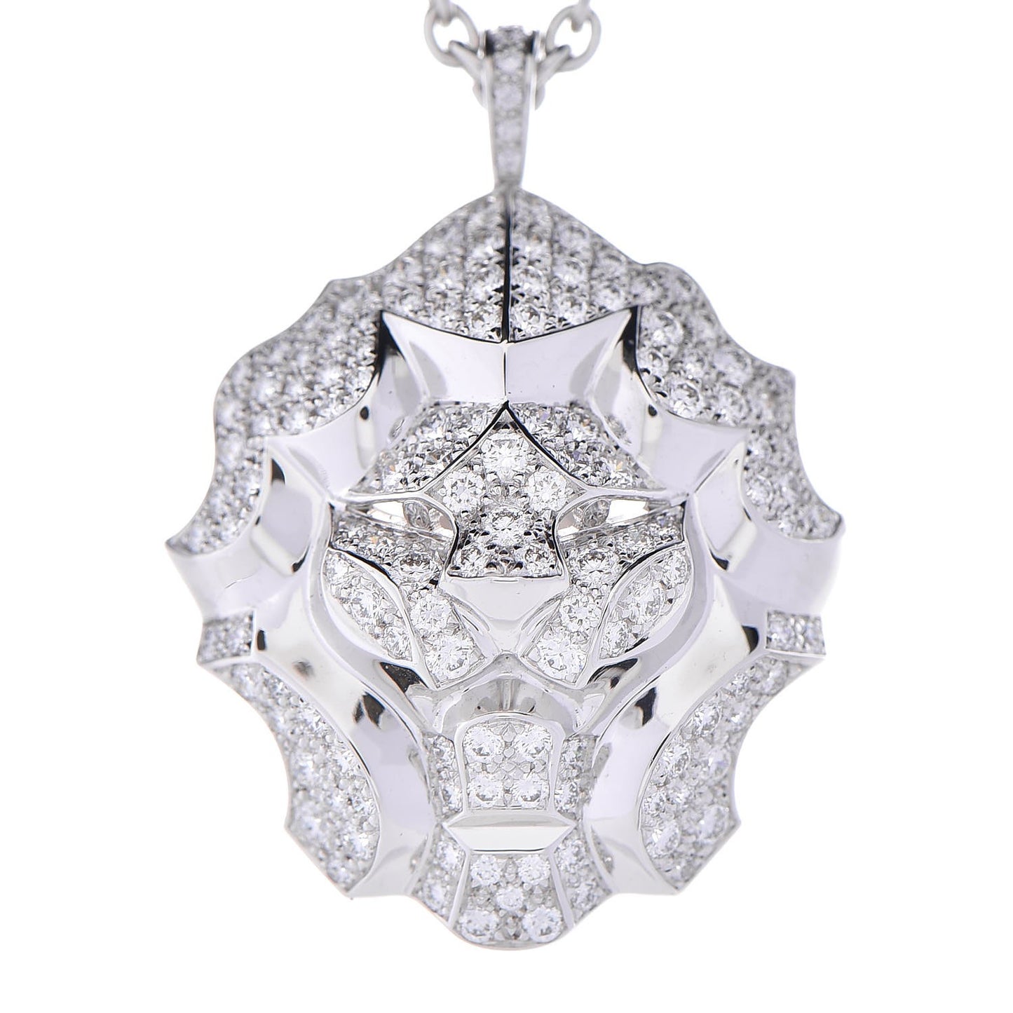 18K White Gold Diamond Sous Le Signe du Lion Pendant Necklace