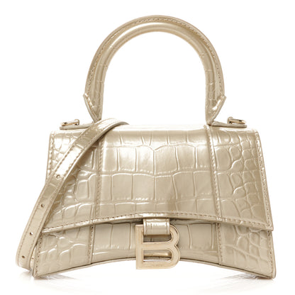 Balenciaga Metallic Shiny Calfskin Crocodile Embossed Hourglass Top Handle Bag XS Light Gold 1 of 12