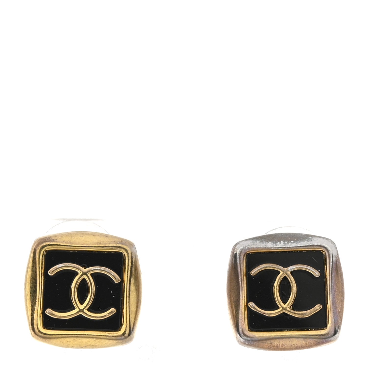 Chanel Metal Enamel CC Square Earrings Gold Black 1 of 5