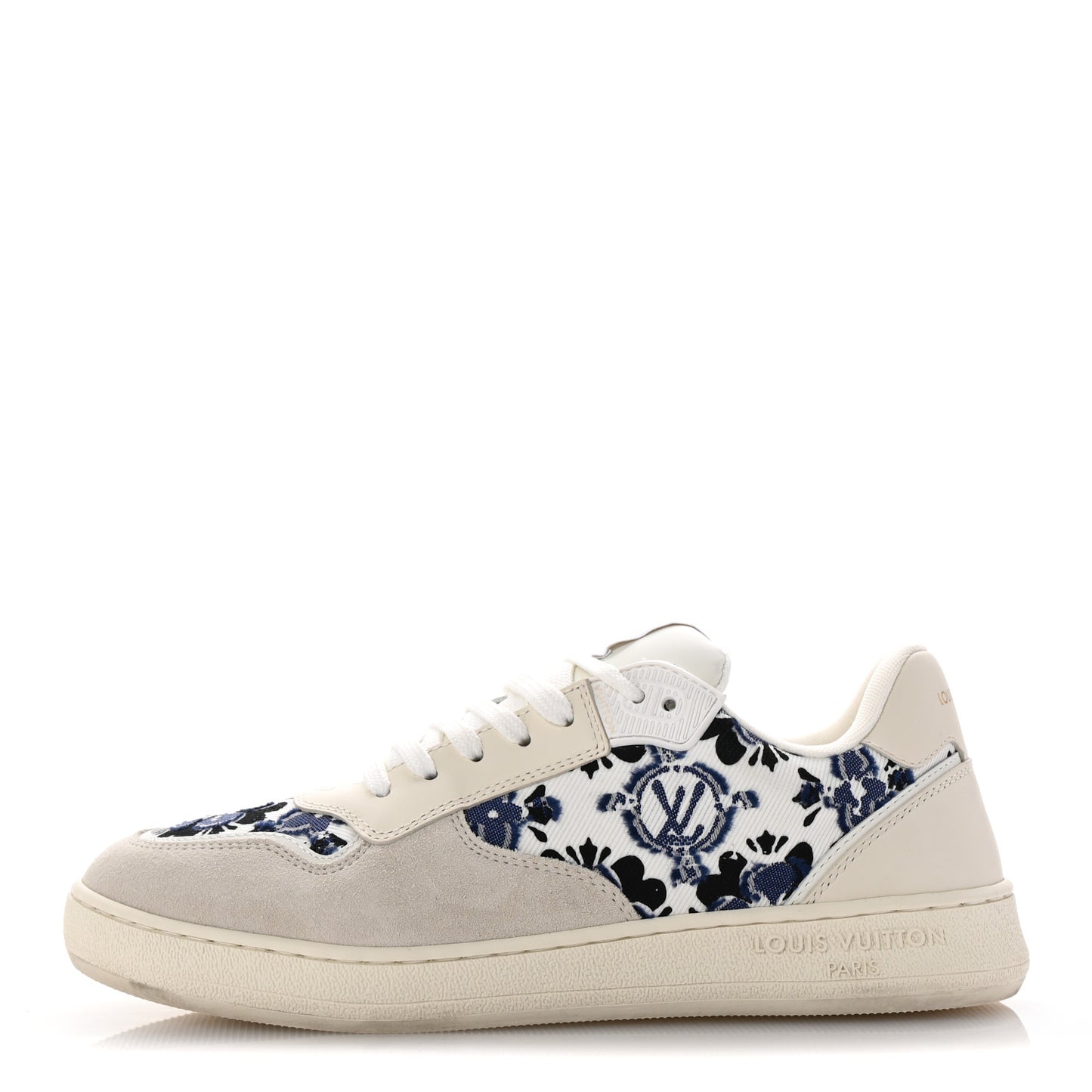 Suede Calfskin Floral LV Stadium Low Top Sneaker 37.5 White Blue