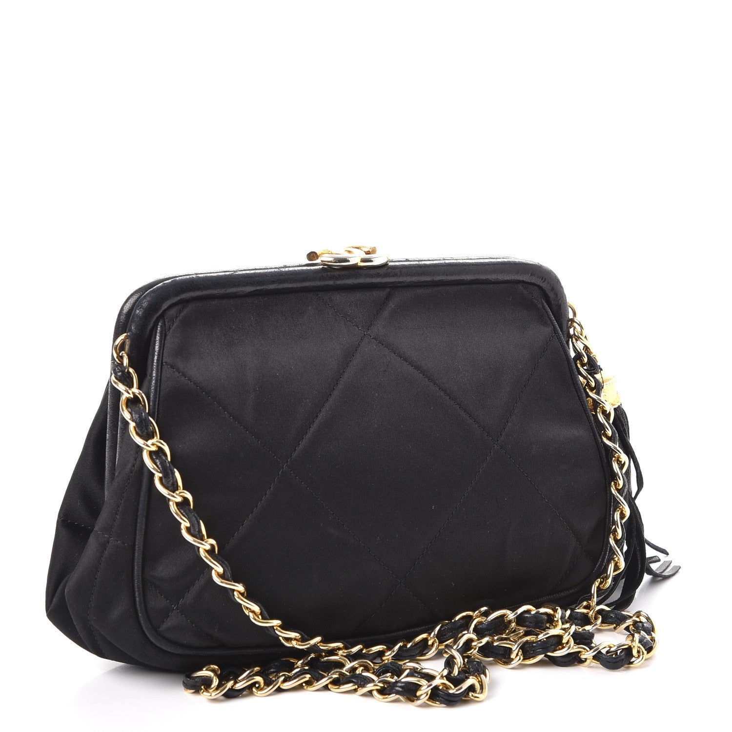 Chanel Satin Quilted Tassel Frame Crossbody Black 3 of 11