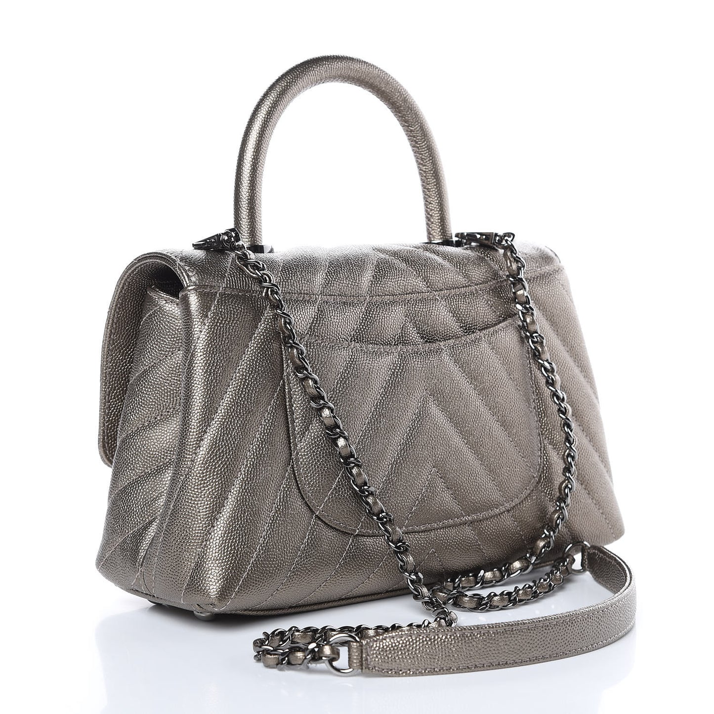 Metallic Caviar Chevron Quilted Mini Coco Handle Flap Light Gold