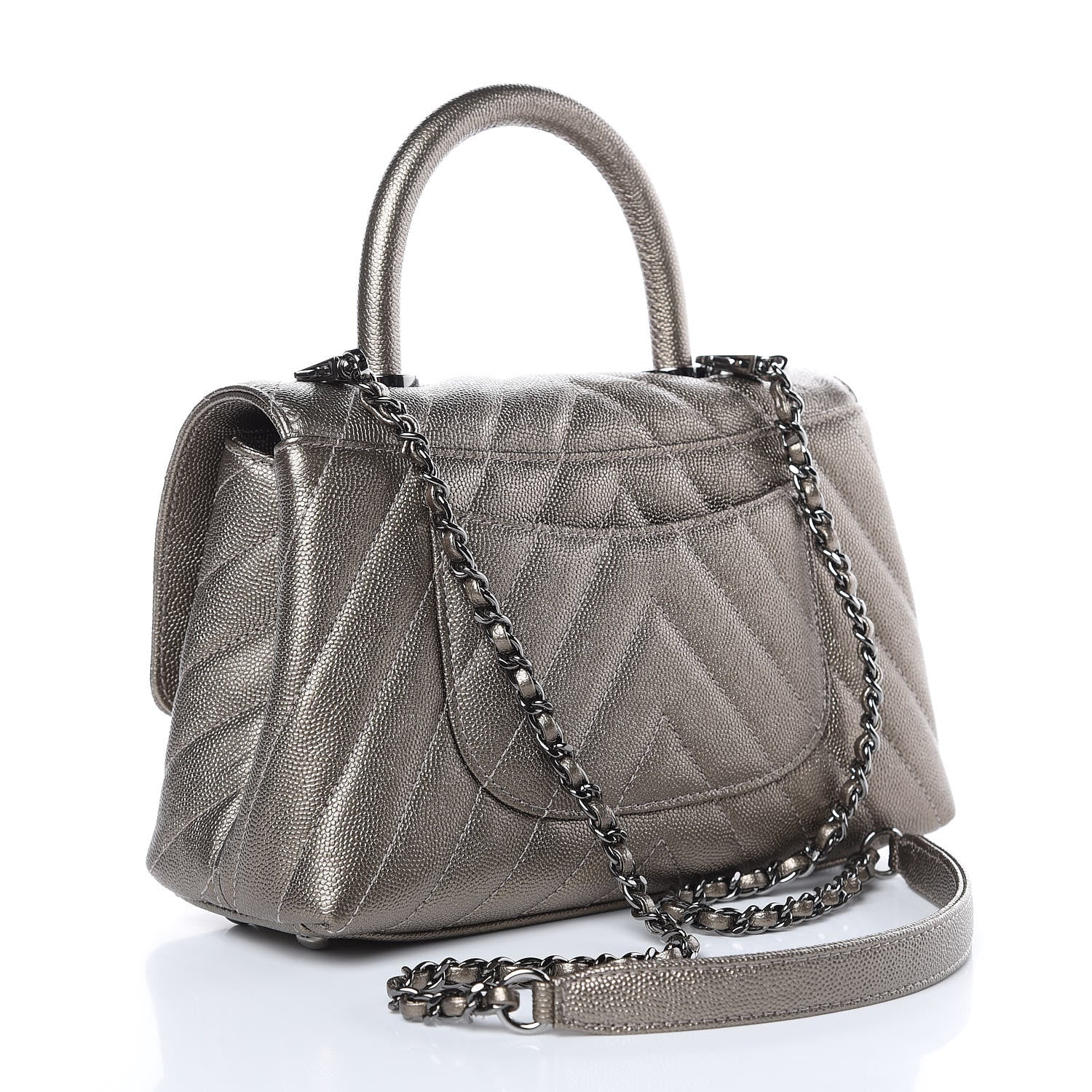 Chanel Metallic Caviar Chevron Quilted Mini Coco Handle Flap Light Gold 3 of 10