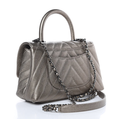 Chanel Metallic Caviar Chevron Quilted Mini Coco Handle Flap Light Gold 3 of 10