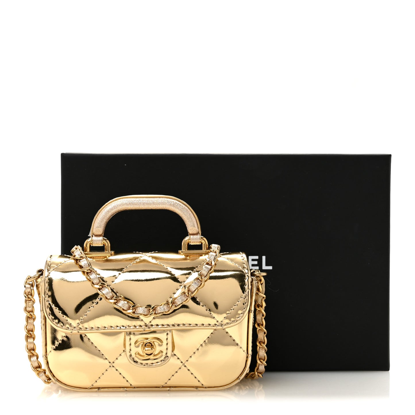 Mirror Metallic Calfskin Quilted Mini Top Handle Flap Gold