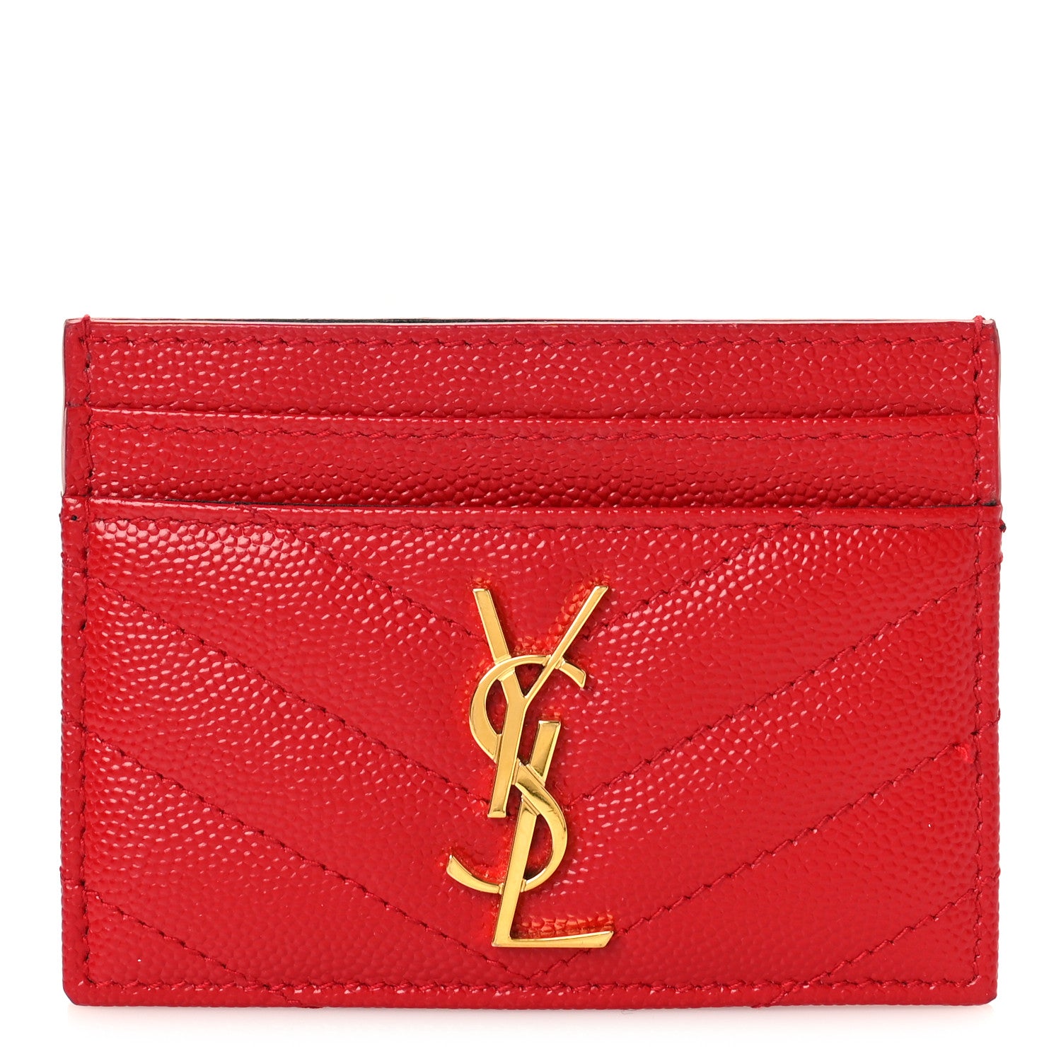 Saint Laurent Grain De Poudre Matelasse Chevron Monogram Credit Card Case New Red 1 of 9