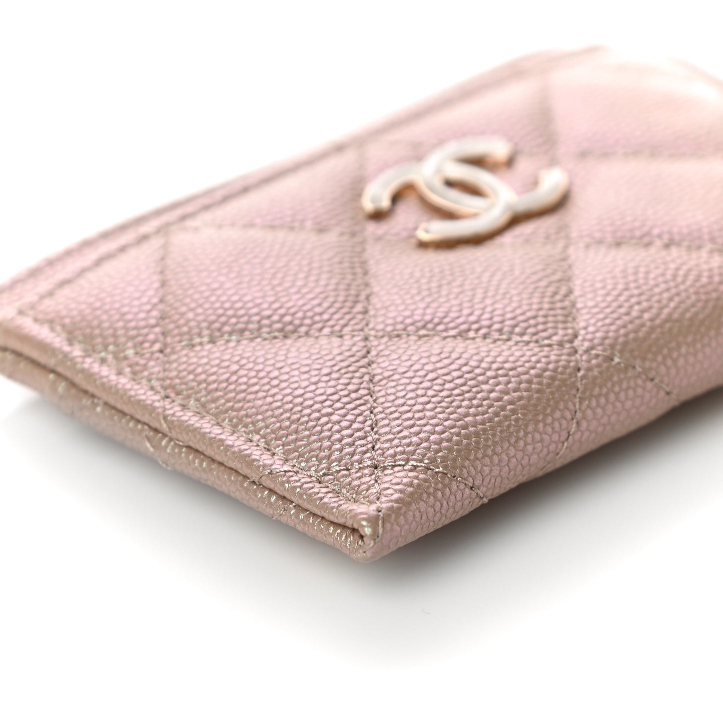 Iridescent Caviar Quilted Card Holder Beige