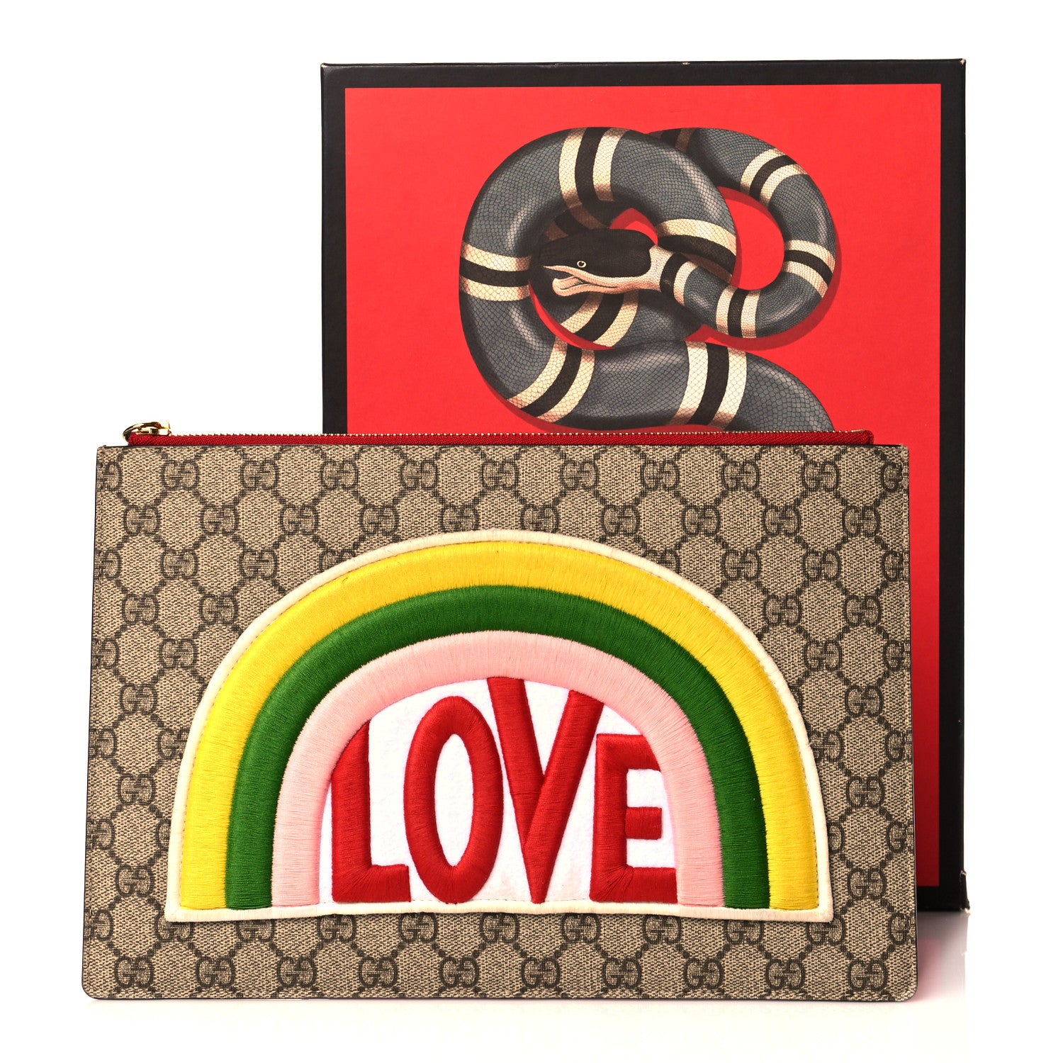 Gucci Calfskin GG Supreme Monogram Embroidered Rainbow Love Zip Pouch Red 11 of 11