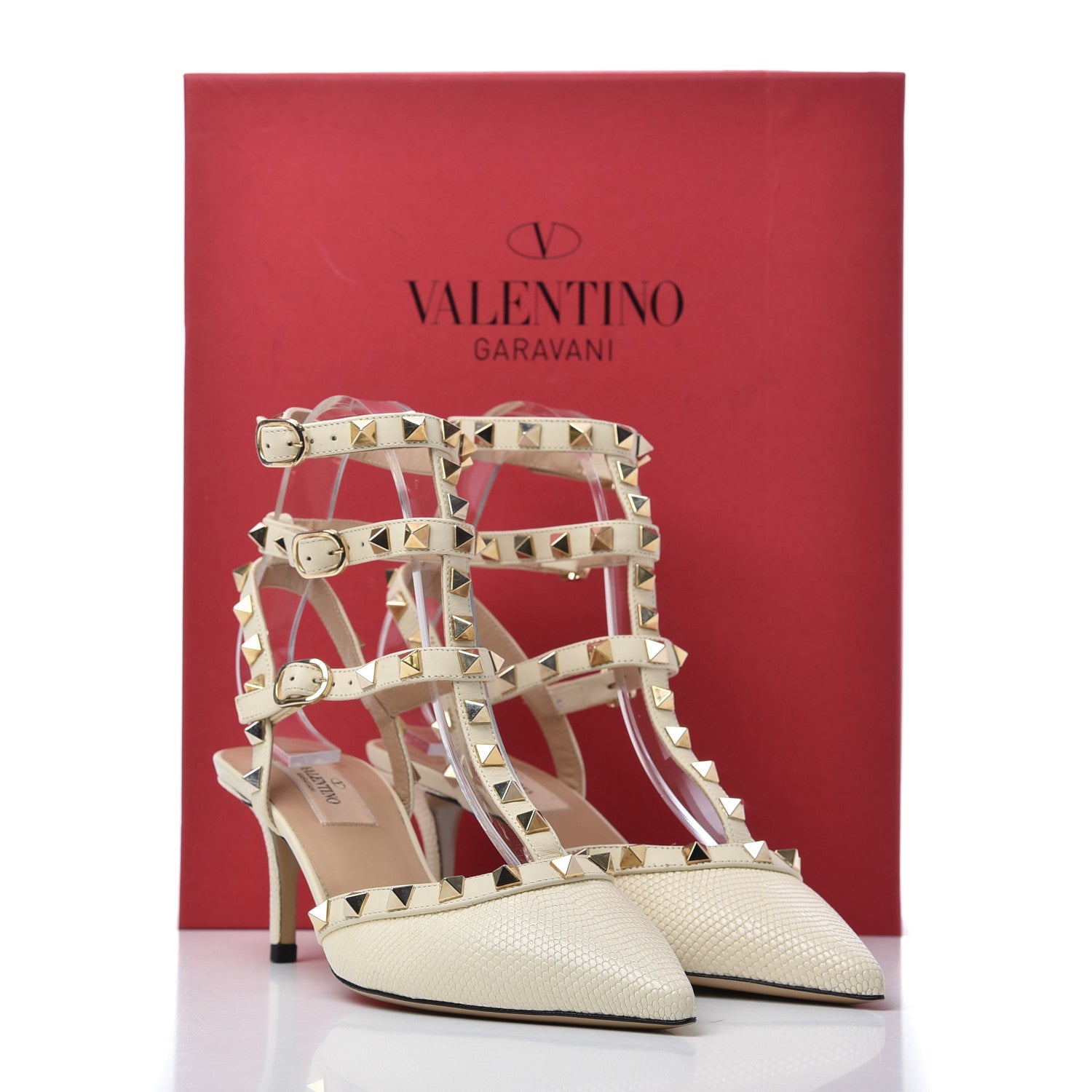Valentino Garavani Lizard Rockstud Ankle Strap Low Heel Pumps 37 Ivory 11 of 11
