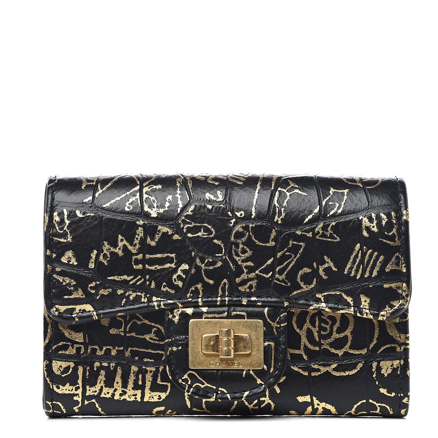 Chanel Calfskin Crocodile Embossed Graffiti Reissue Card Holder Wallet Black Gold 1 of 8