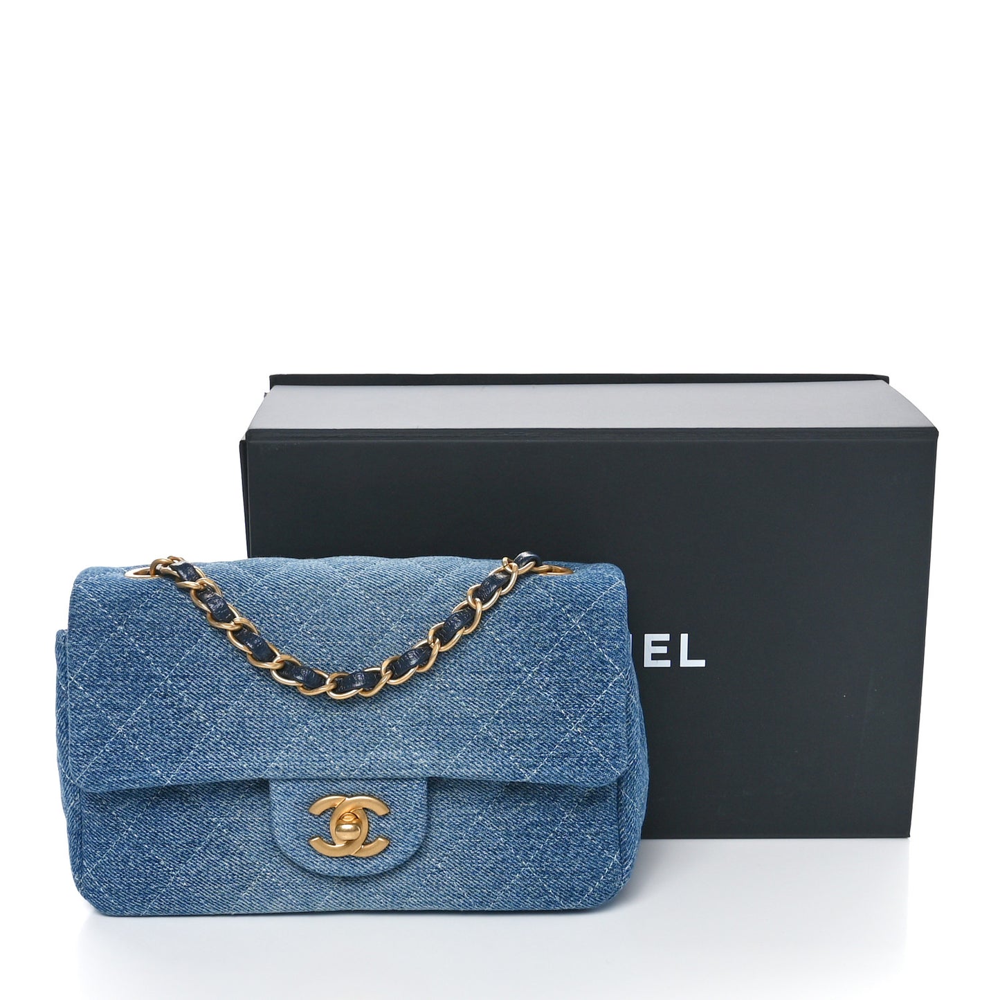 Washed Denim Quilted Mini Rectangular Flap Blue