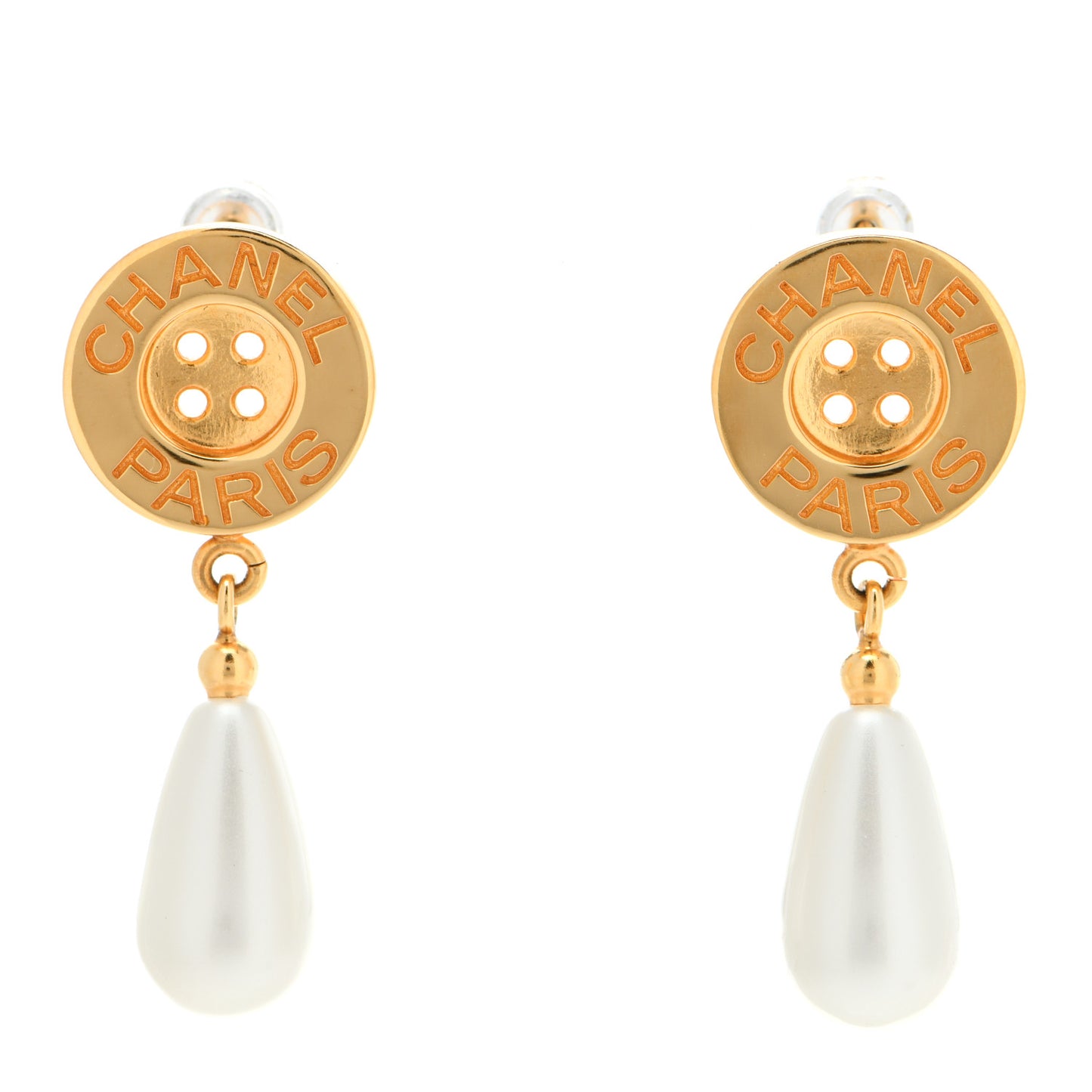 Metal Pearl Paris Button Drop Earrings Gold