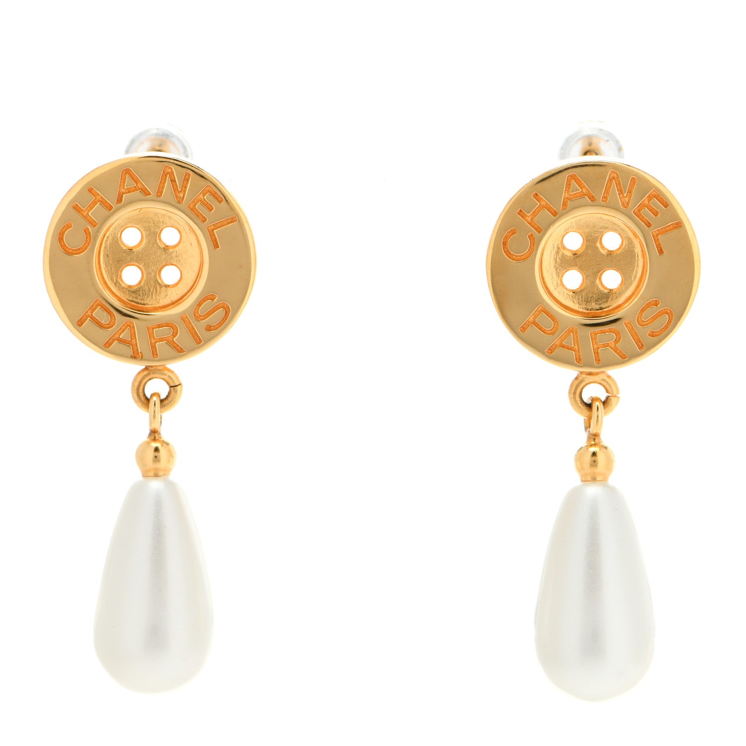 Chanel Metal Pearl Paris Button Drop Earrings Gold 1 of 4