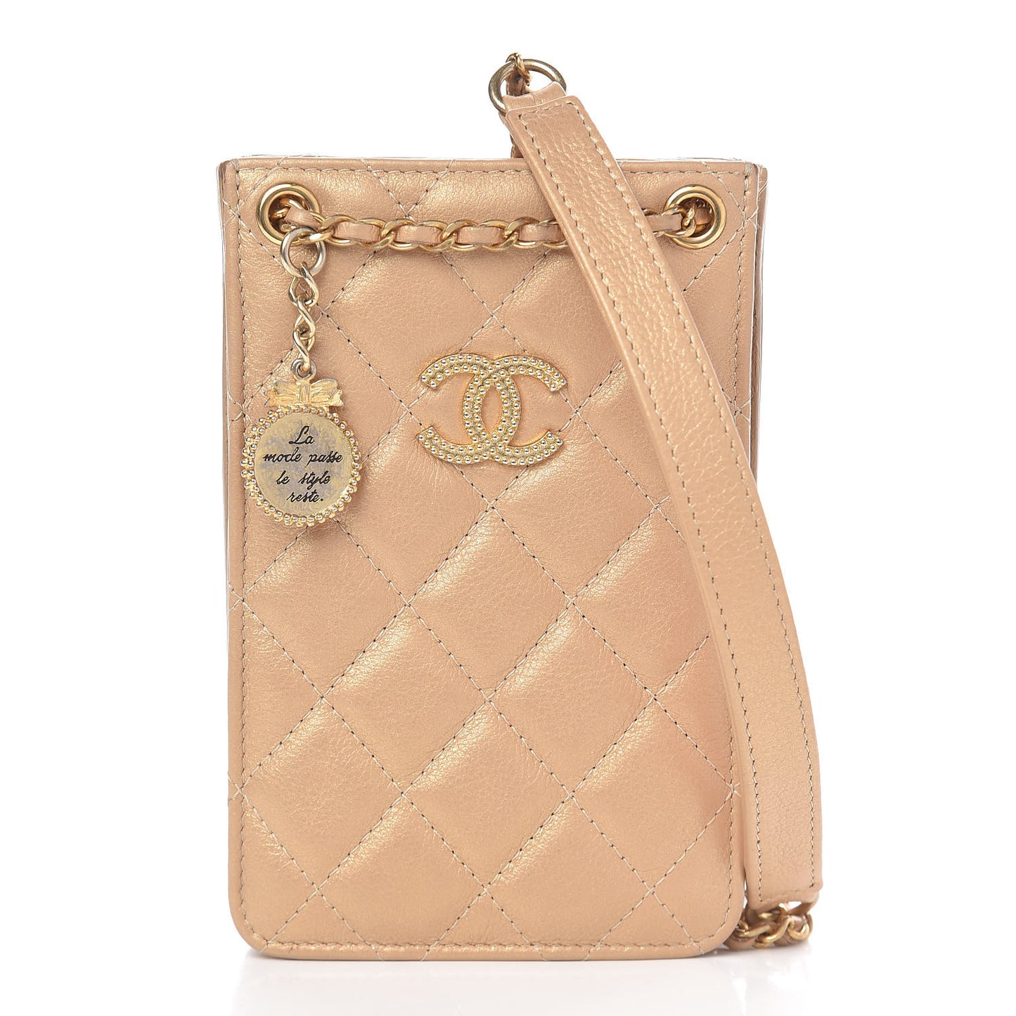 Metallic Calfskin Quilted Crossbody CC Phone Holder Gold