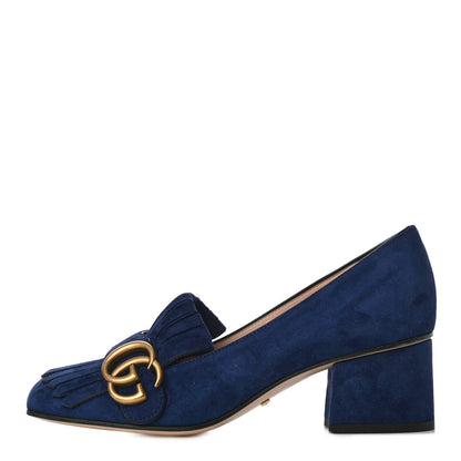 Gucci Kid Scamosciato GG Marmont Fringe 50mm Loafer Pumps 35 Blue Ink 1 of 8