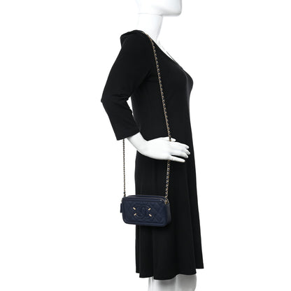 Chanel Caviar Quilted CC Filigree Clutch With Chain Navy 2 of 12