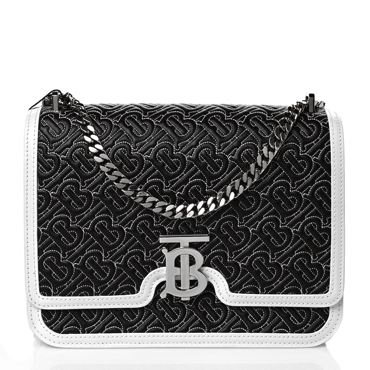 Burberry Calfskin Monogram Embossed MediumTB Chain Bag Black White 1 of 9