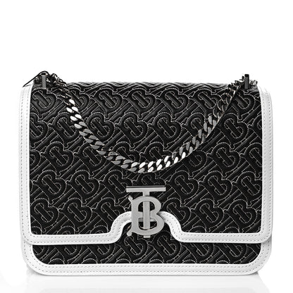 Burberry Calfskin Monogram Embossed MediumTB Chain Bag Black White 1 of 9