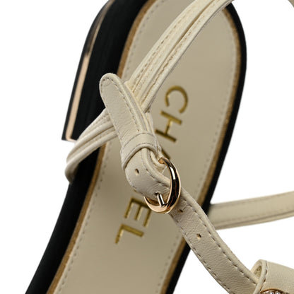 Chanel Lambskin Grosgrain Pearl CC Cap Toe Open Sandals 37 Ivory Black 8 of 10