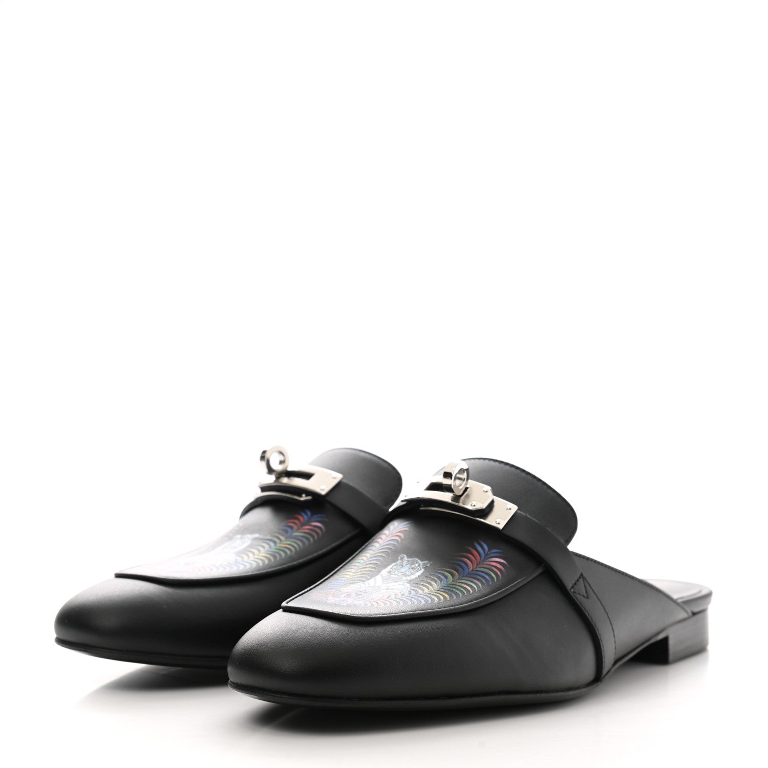 Hermes Printed Calfskin Tigre Royal Oz Mules 37.5 Black 3 of 9