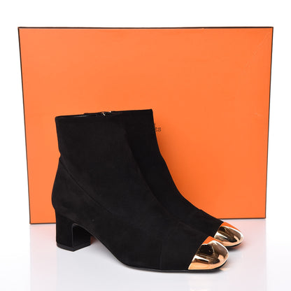 Hermes Velvet Goatskin Permabrass Cap Toe Lindsay Ankle Boots 35 Black 10 of 10