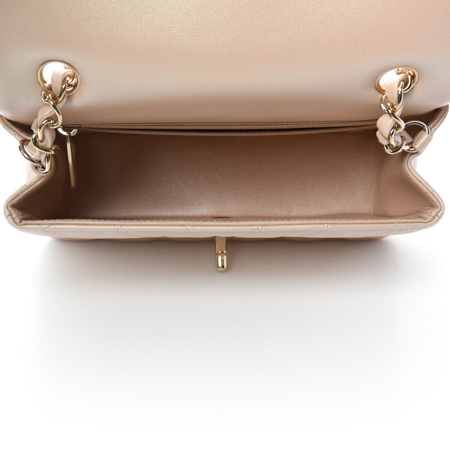 Iridescent Calfskin Quilted Mini Rectangular Flap Beige