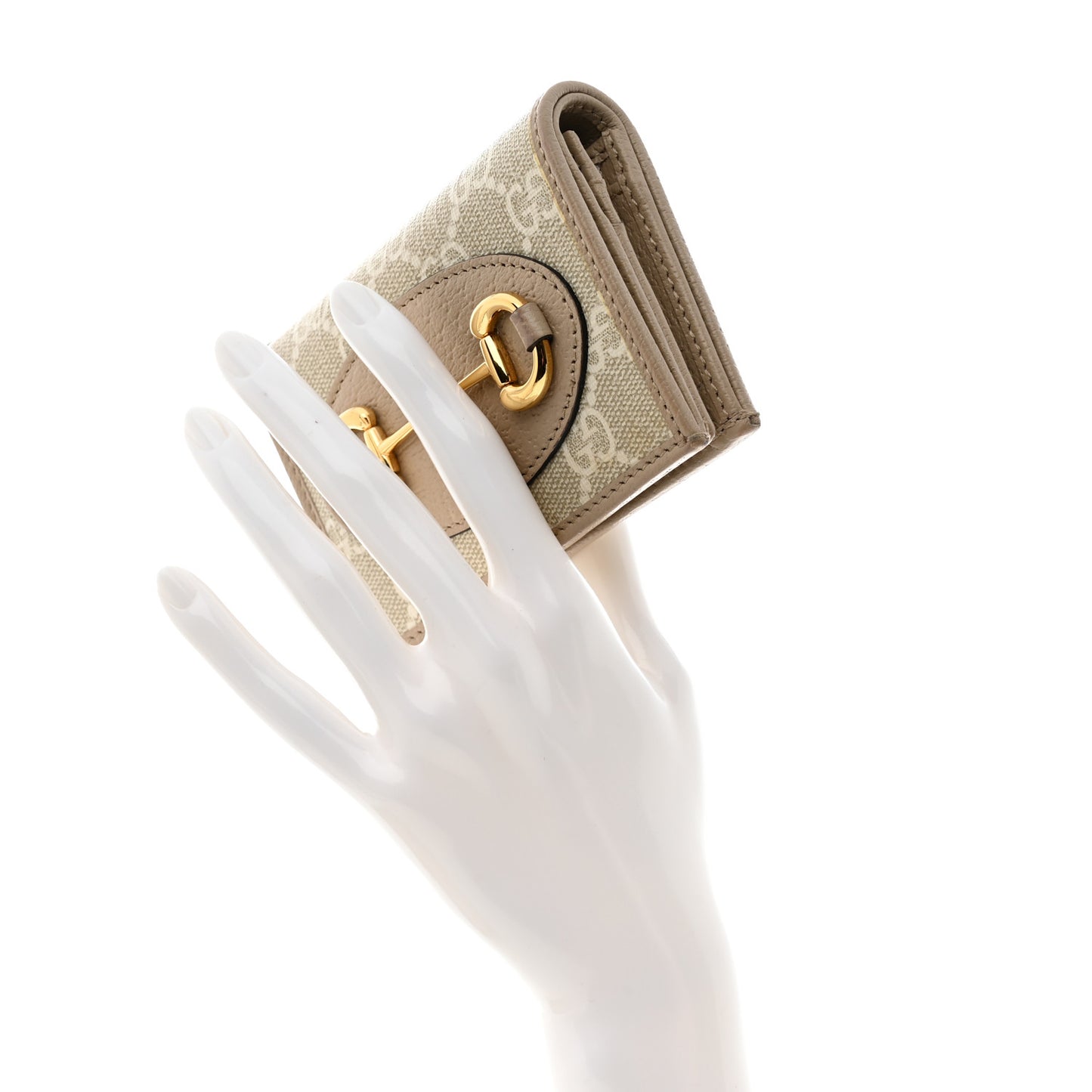 GG Supreme Monogram Textured Dollar Calfskin Horsebit 1955 Card Case Wallet Beige Mystic White Oatmeal