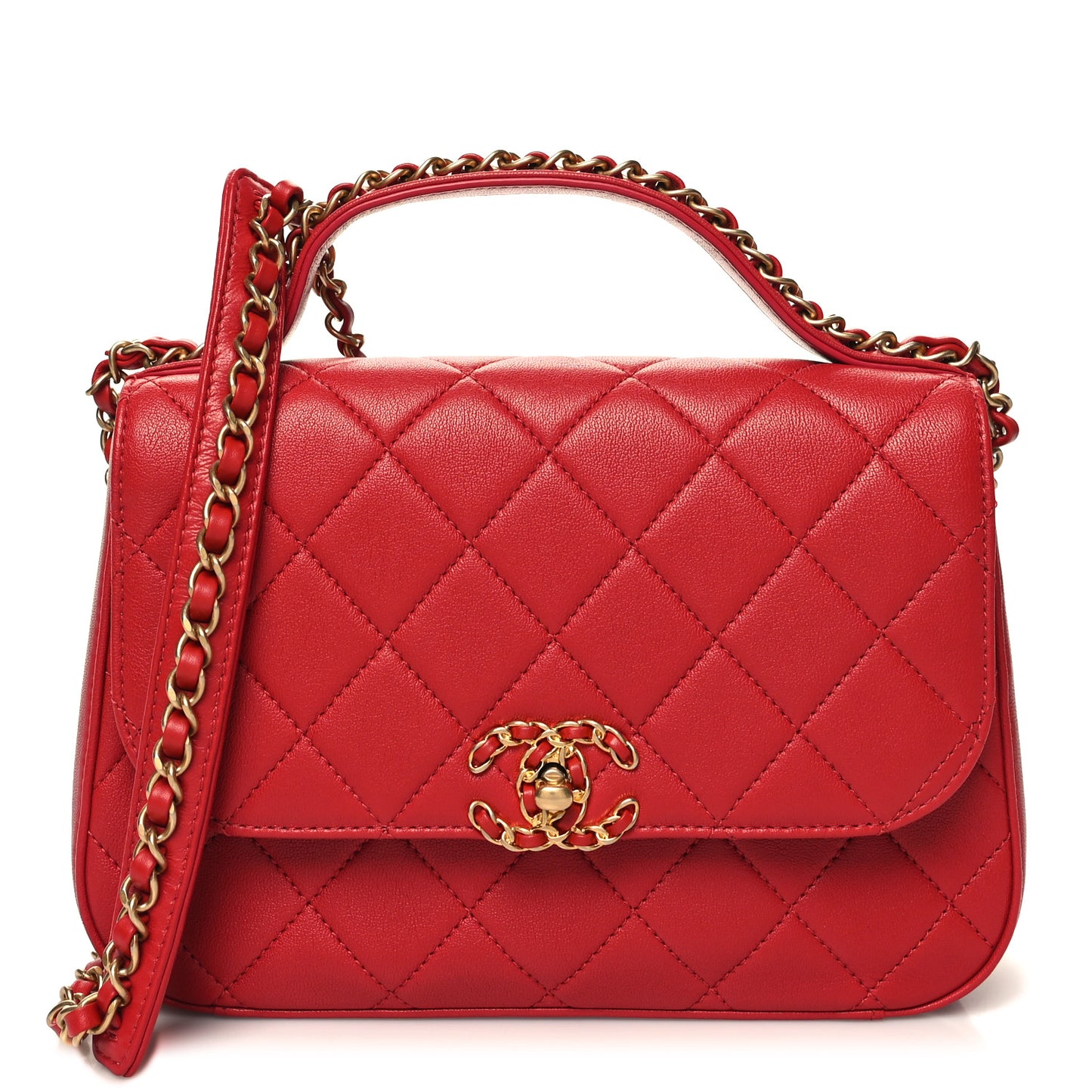Lambskin Quilted Chain Infinity Top Handle Flap Red