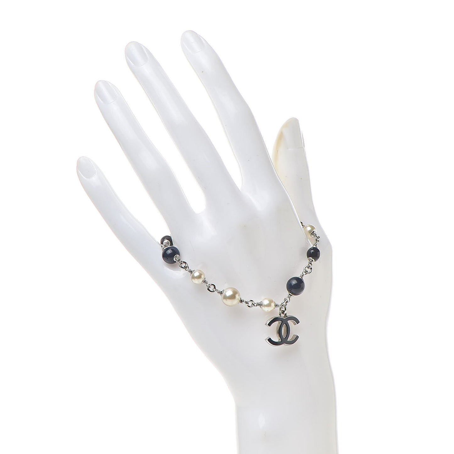 Enamel Pearl Beaded CC Bracelet Navy Silver