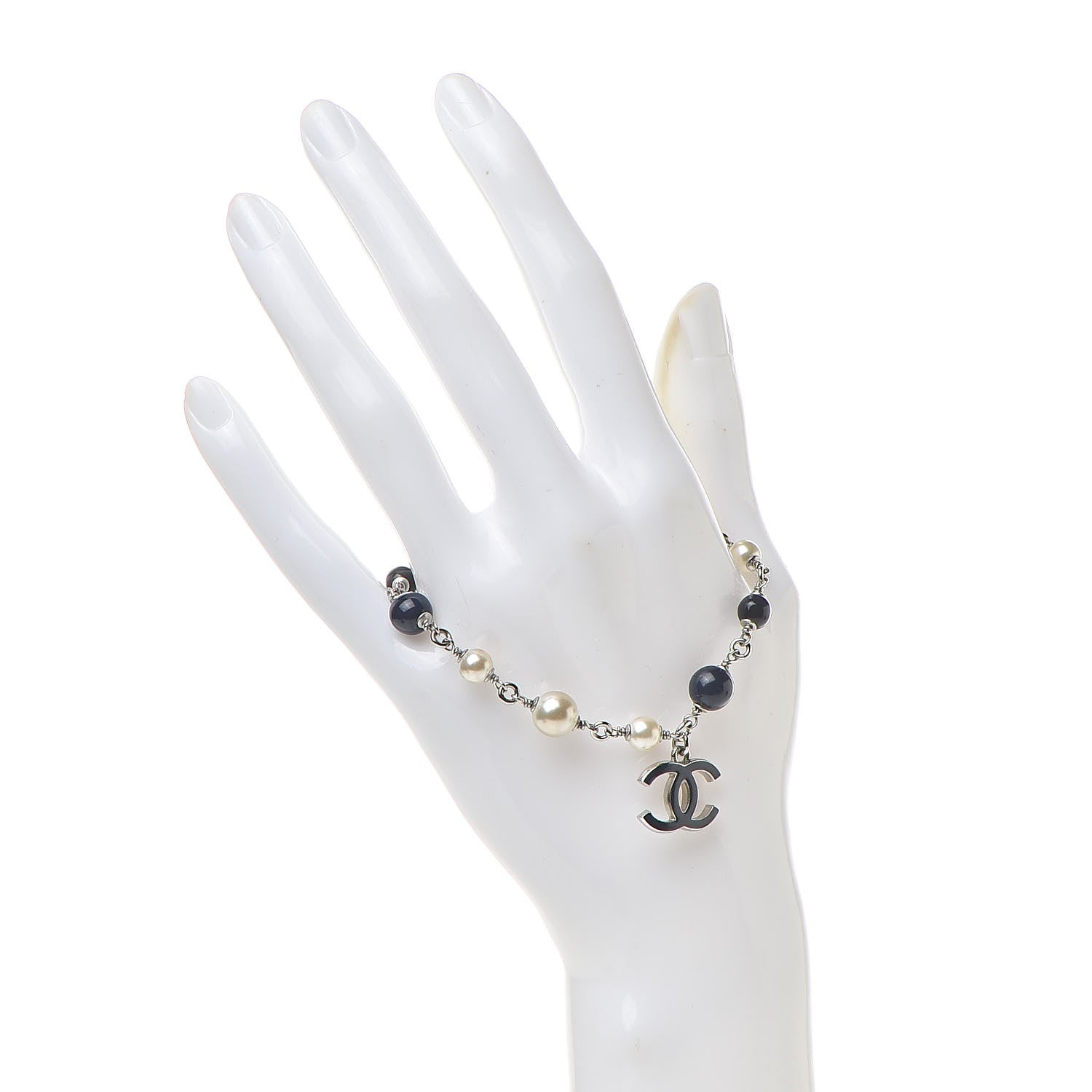 Chanel Enamel Pearl Beaded CC Bracelet Navy Silver 2 of 5
