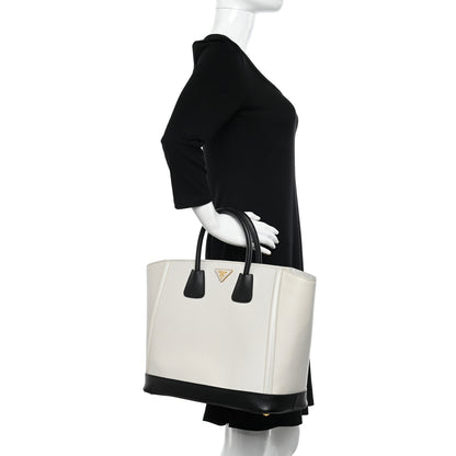 Prada Saffiano Medium Bi-Color Top Handle Tote Black Talco 2 of 15