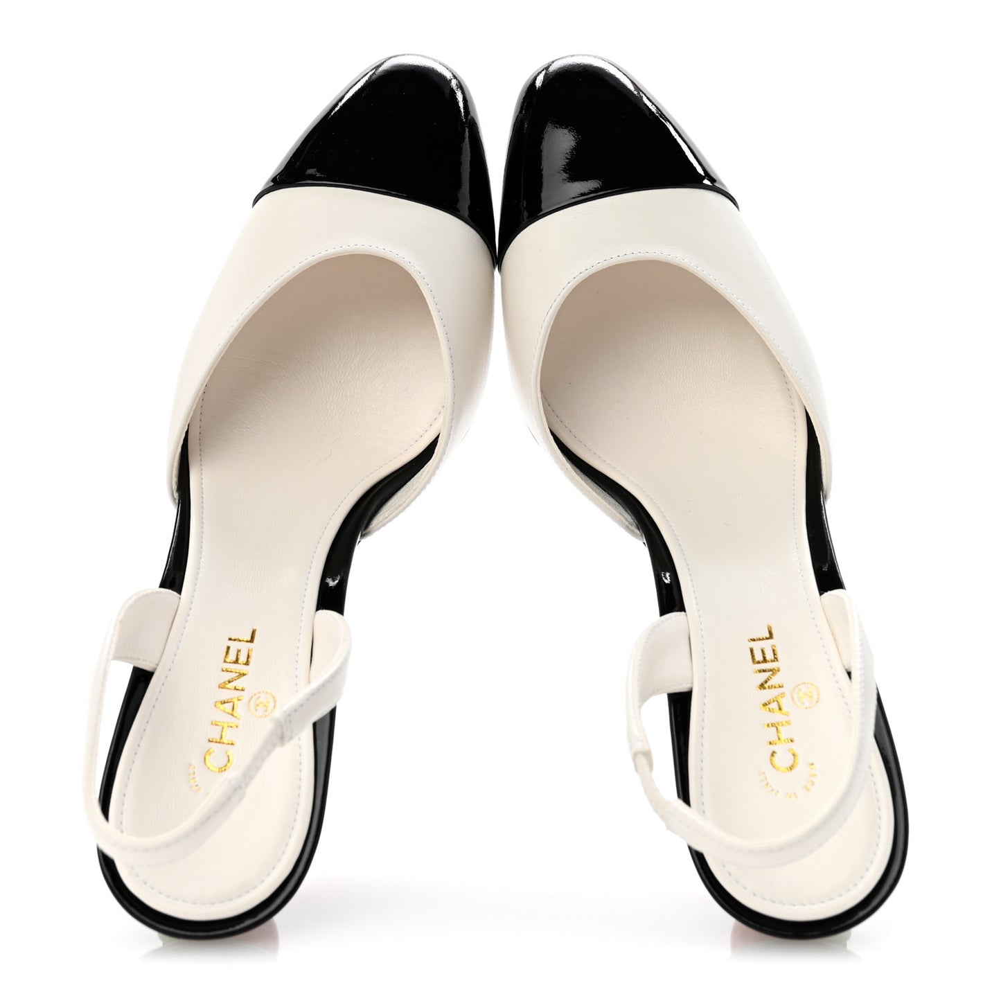 Lambskin Patent Cap Toe CC Apple Slingback Pumps 38.5 White Black