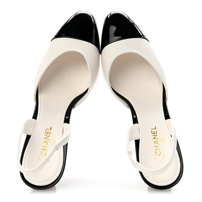 Chanel Lambskin Patent Cap Toe CC Apple Slingback Pumps 38.5 White Black 2 of 10