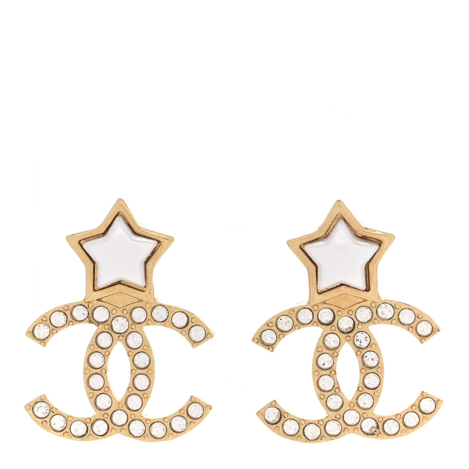 Chanel Metal Crystal Pearl CC Star Earrings Gold Pearly White 1 of 5