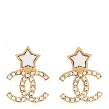 Chanel Metal Crystal Pearl CC Star Earrings Gold Pearly White 1 of 5