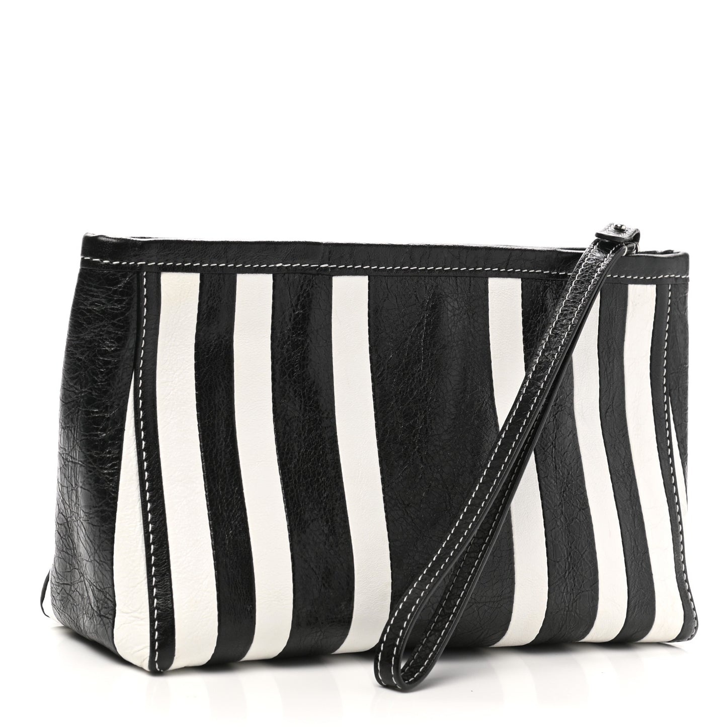 Agneau Arena Striped Patchwork Small Barbes Z Pouch with Handle Black White