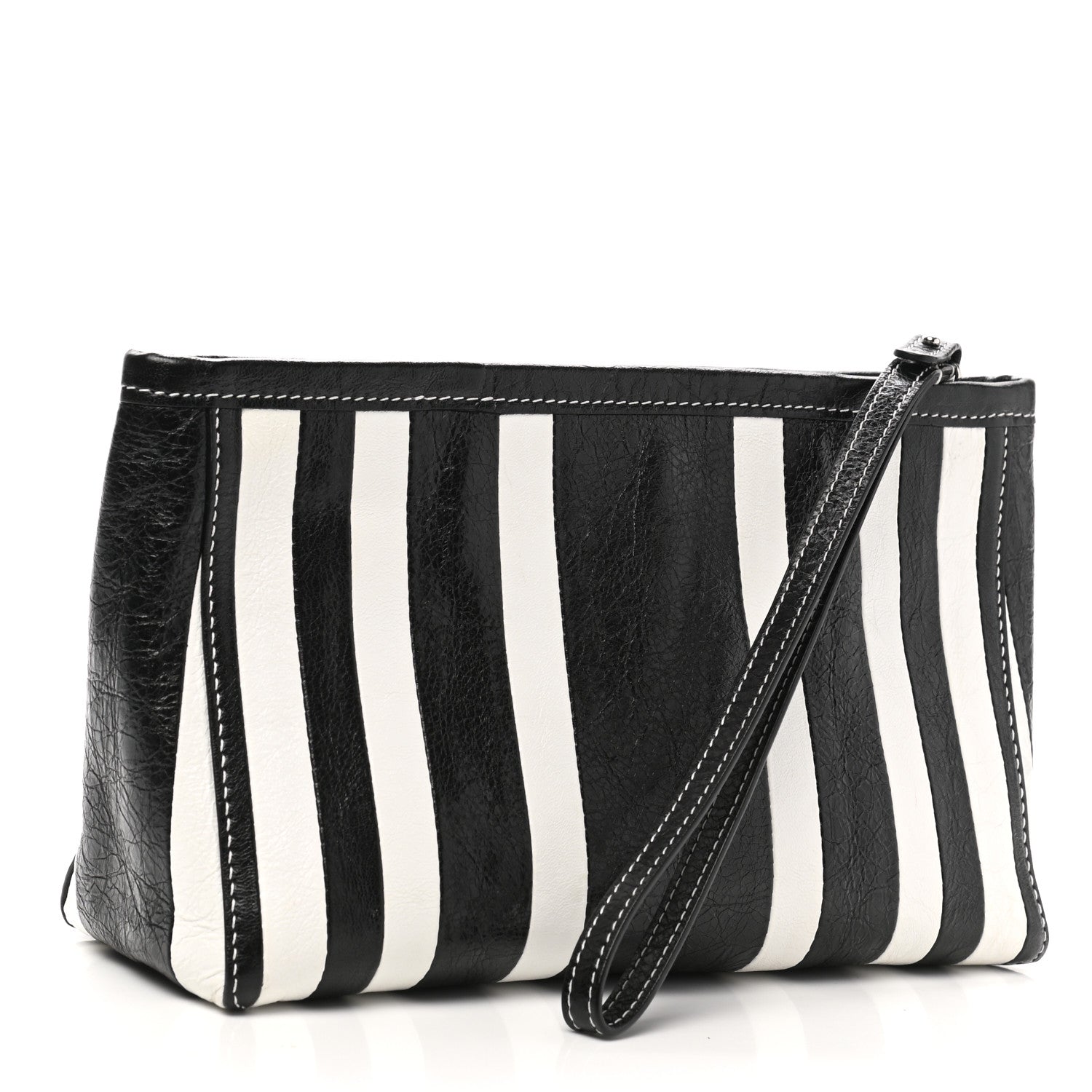 Balenciaga Agneau Arena Striped Patchwork Small Barbes Z Pouch with Handle Black White 3 of 8