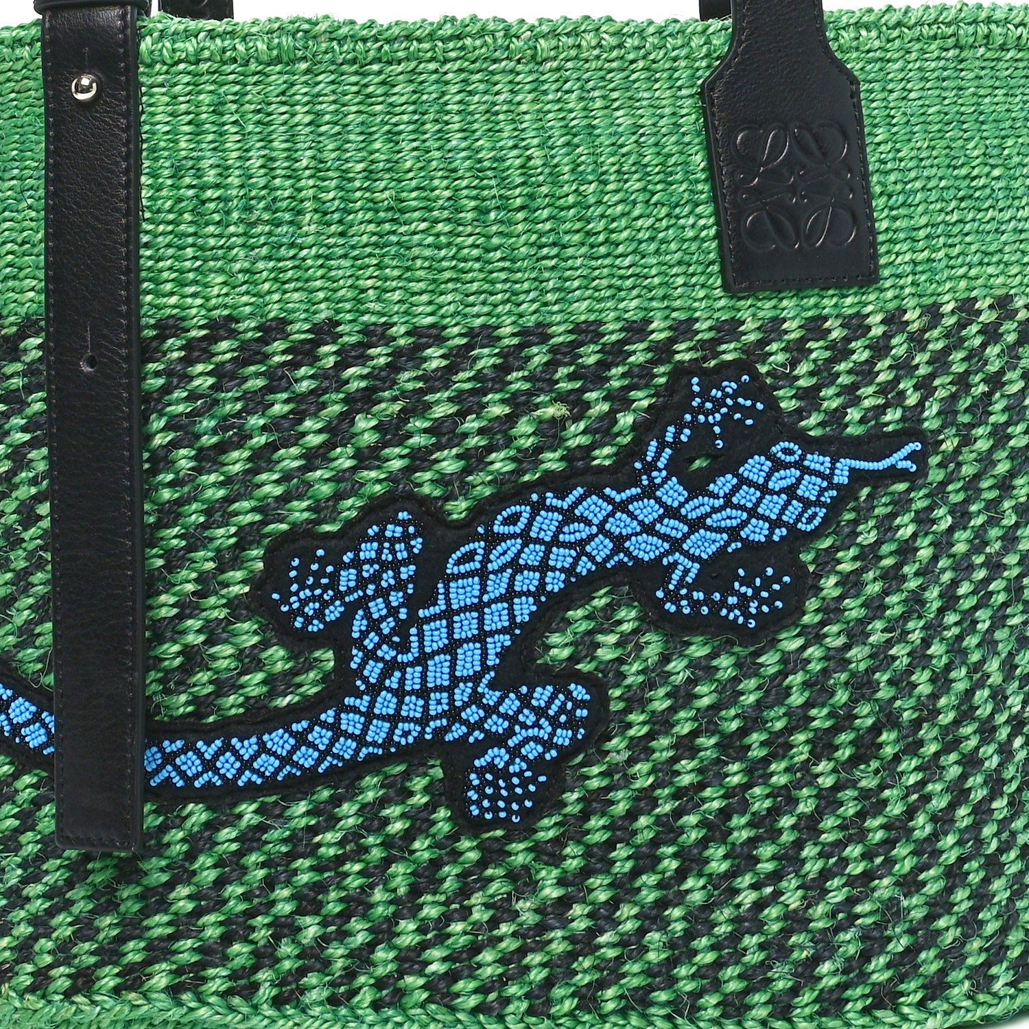 Loewe Sisal Calfskin Raffia Paula's Ibiza Lizard Beaded Basket Tote Green Multicolor 7 of 10