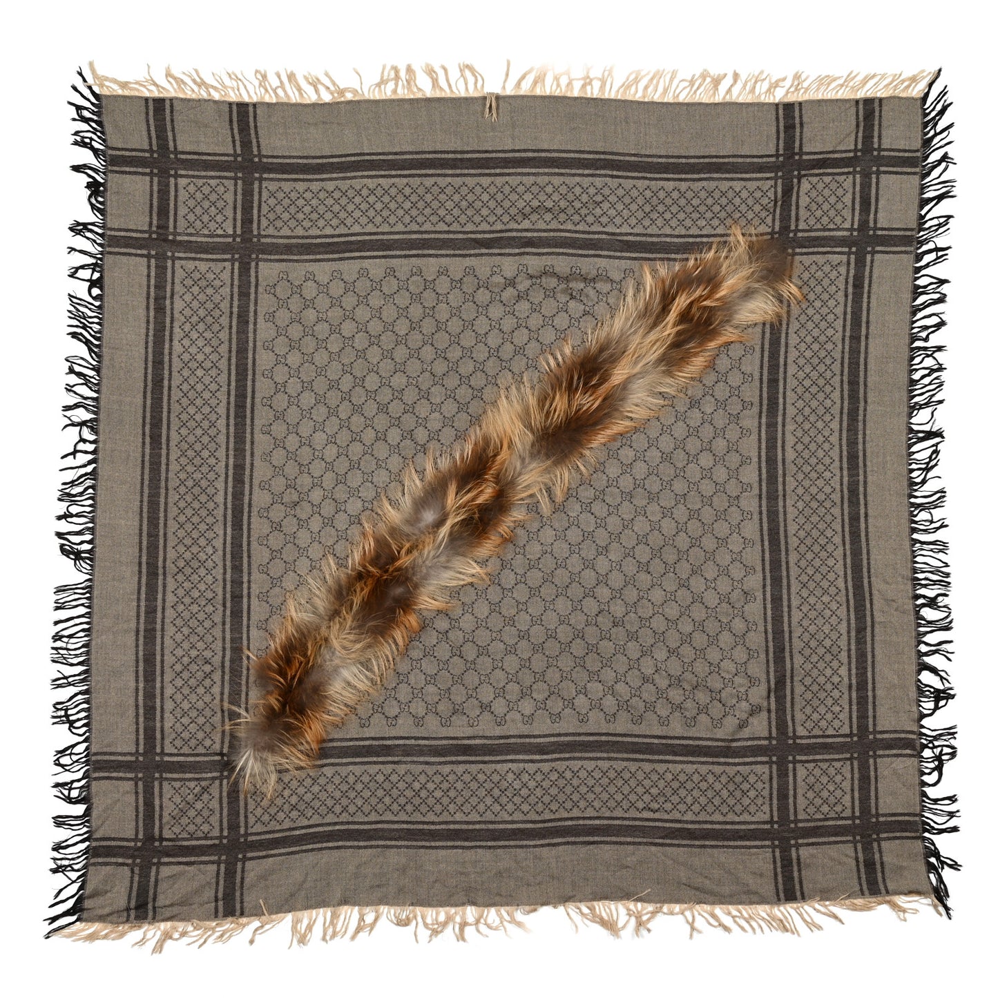 Wool Silk Fox Fur Monogram Shawl Scarf Brown