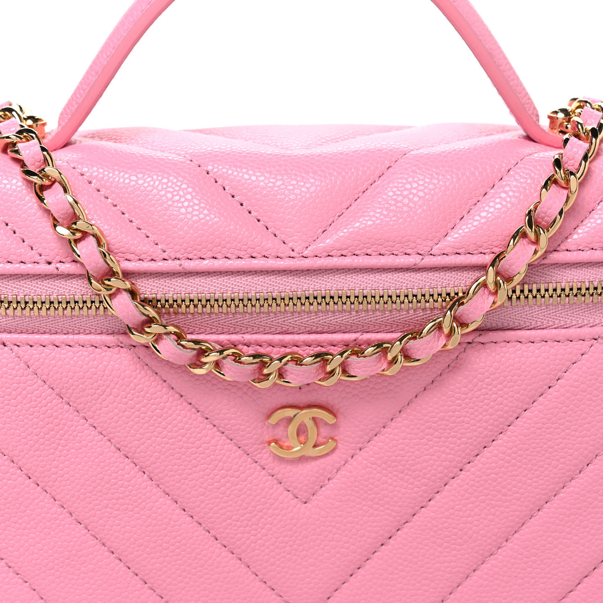 Shiny Caviar Quilted Sleek Chevron Vanity With Chain Rose