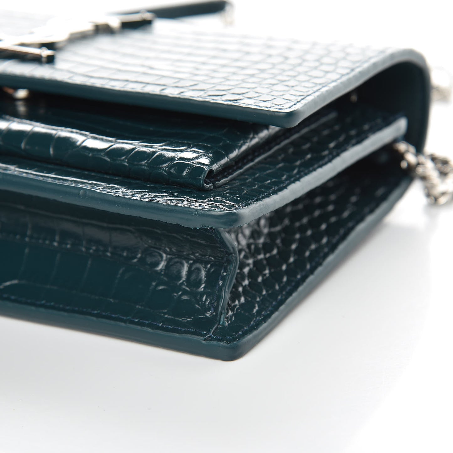 Calfskin Crocodile Embossed Monogram Sunset Chain Wallet Dark Turquoise