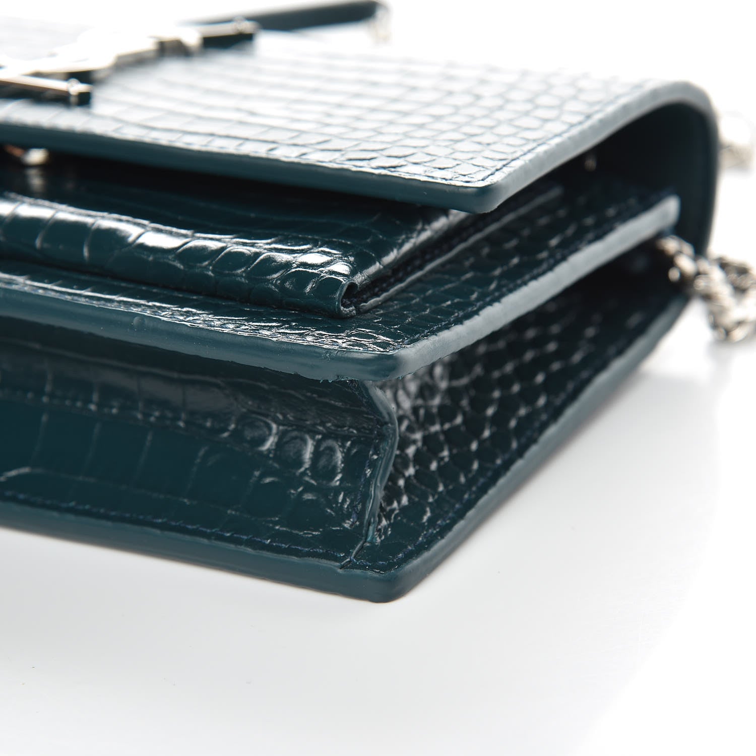Saint Laurent Calfskin Crocodile Embossed Monogram Sunset Chain Wallet Dark Turquoise 8 of 9