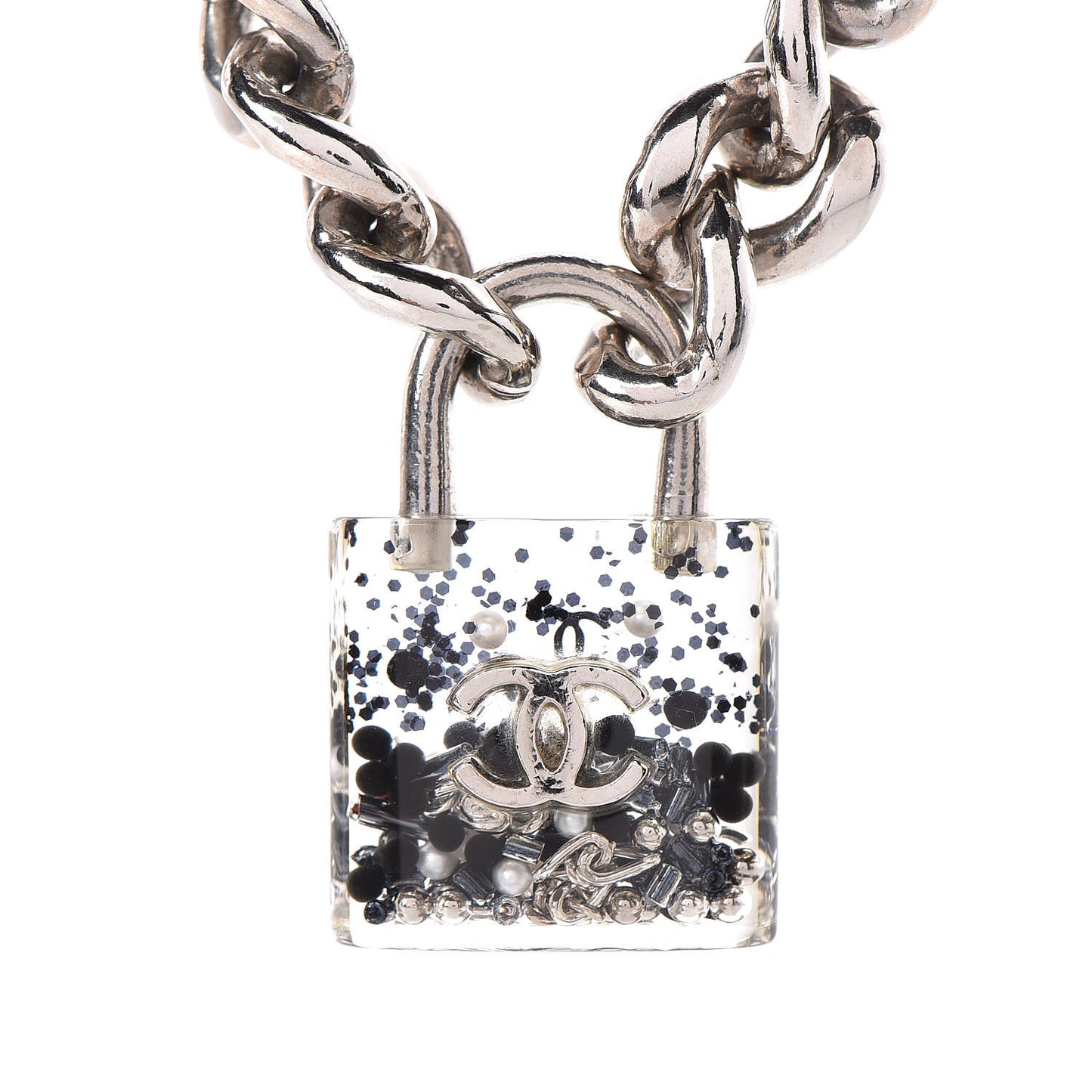 Resin CC Oversized Padlock Chain Necklace Silver Pearly White