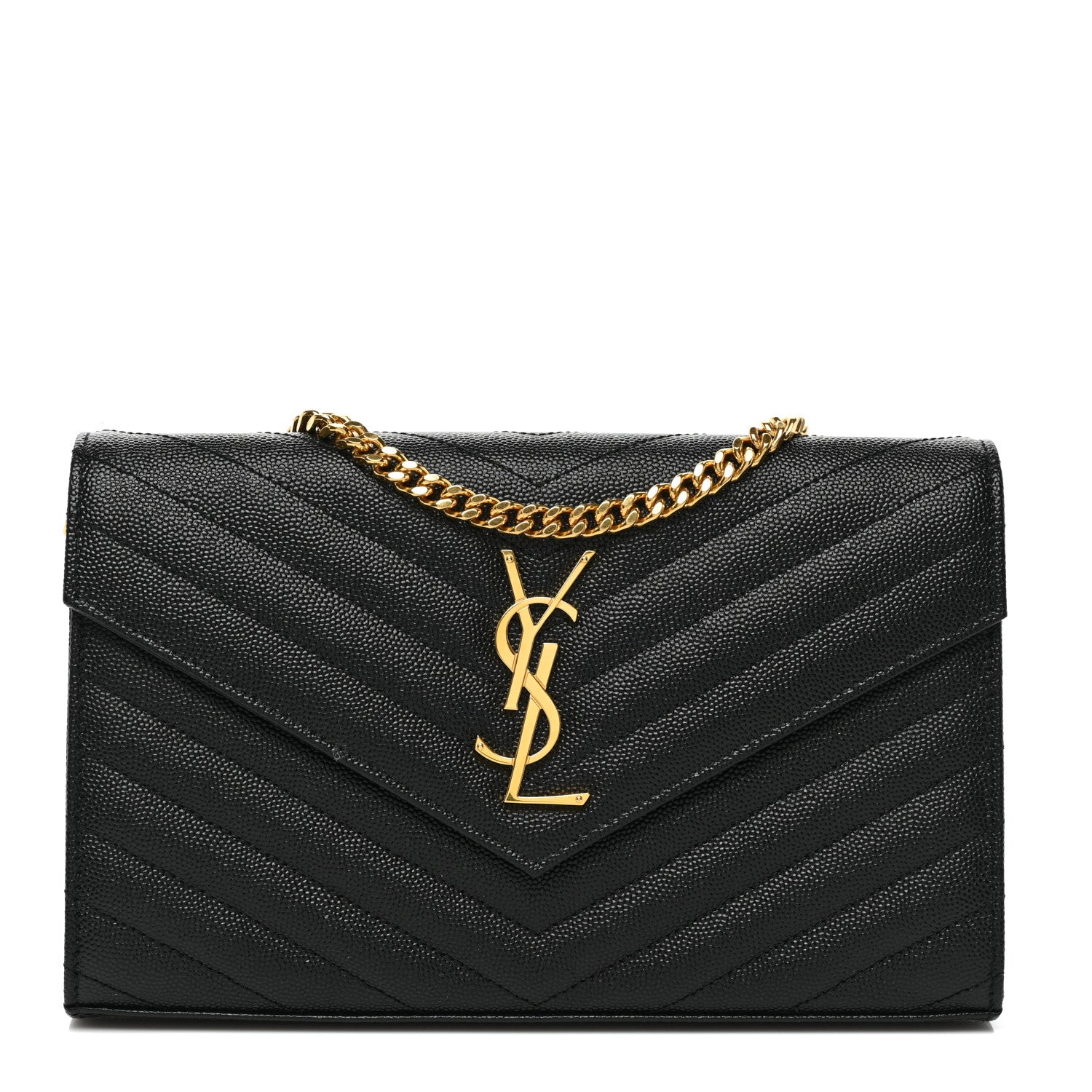 product image of SAINT LAURENT Grain De Poudre Matelasse Chevron Monogram Chain Wallet Black FASHIONPHILE